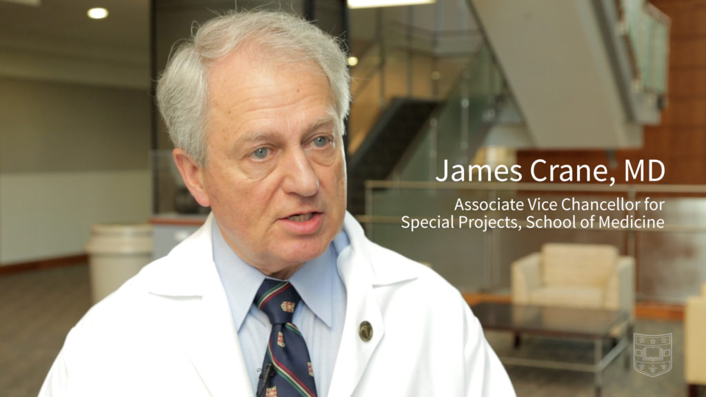 Screenshot of video showing correct placement of the name of the interview subject, James Crane, MD. His name is in larger type to the right of his image with his title in smaller type directly beneath his name.