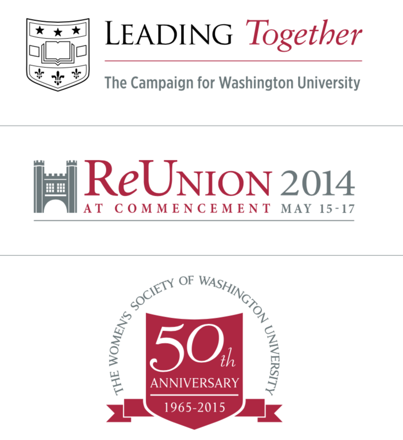 The image shows the Leading Together logo, Reunion 2014 logo, and the Women's Society of Washington University 50th anniversary logo.