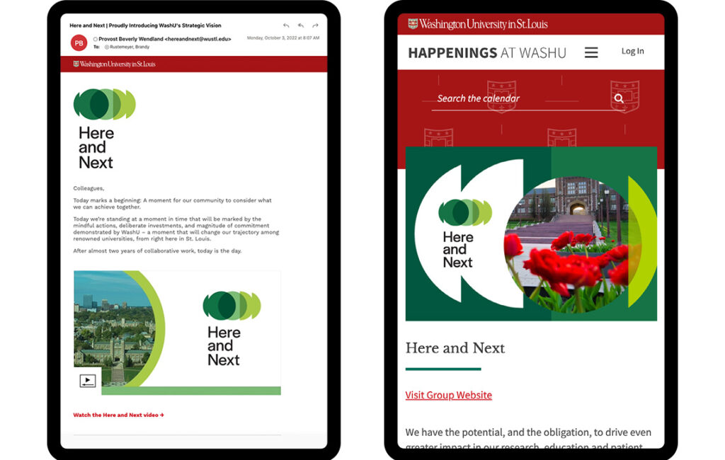 Here and next custom email template (left) and Here and Next section on Happenings (right)