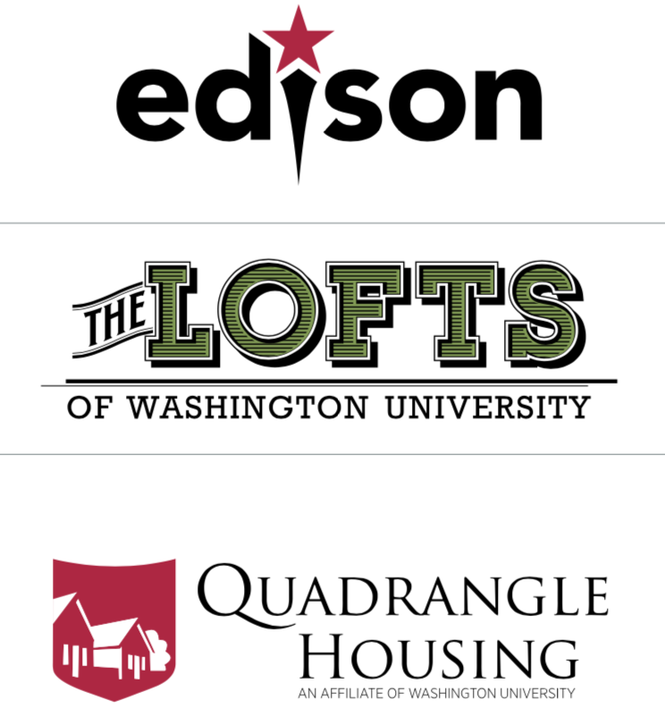 This image shows the unique Edison Theater logo, the Lofts of Washington University logo, and Quadrangle Housing logo.