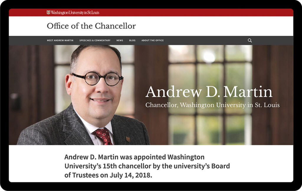 Office of the Chancellor website shown in a tablet view using the WashU Sites theme