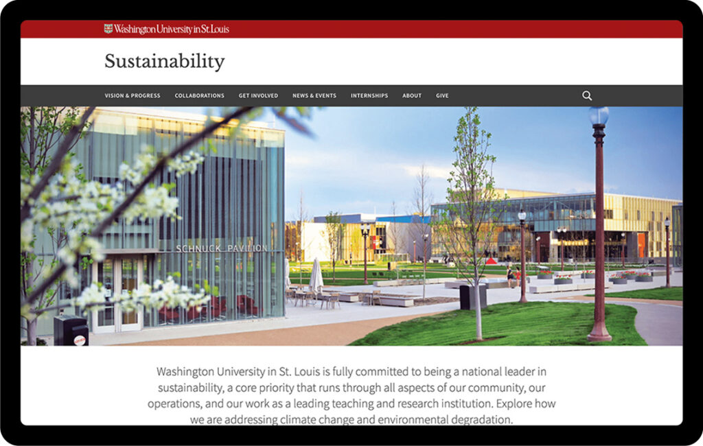 Sustainability website shown in a tablet view using the WashU Sites theme