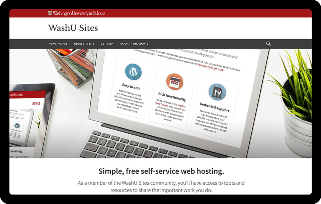 WashU Sites website landing page is shown in a tablet device view